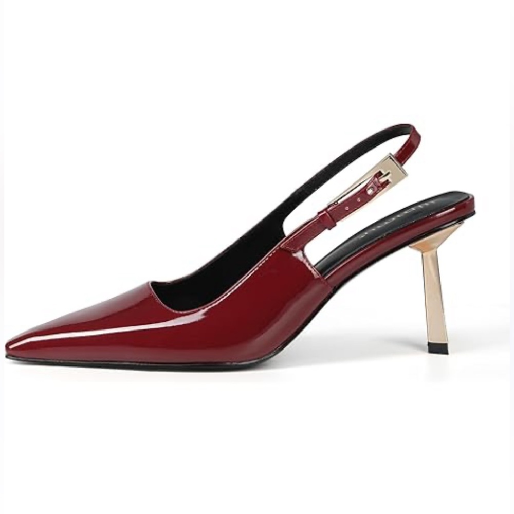 Slingback 3” Gold Kitten Heel Closed Toe Pumps Dark Red Size 9